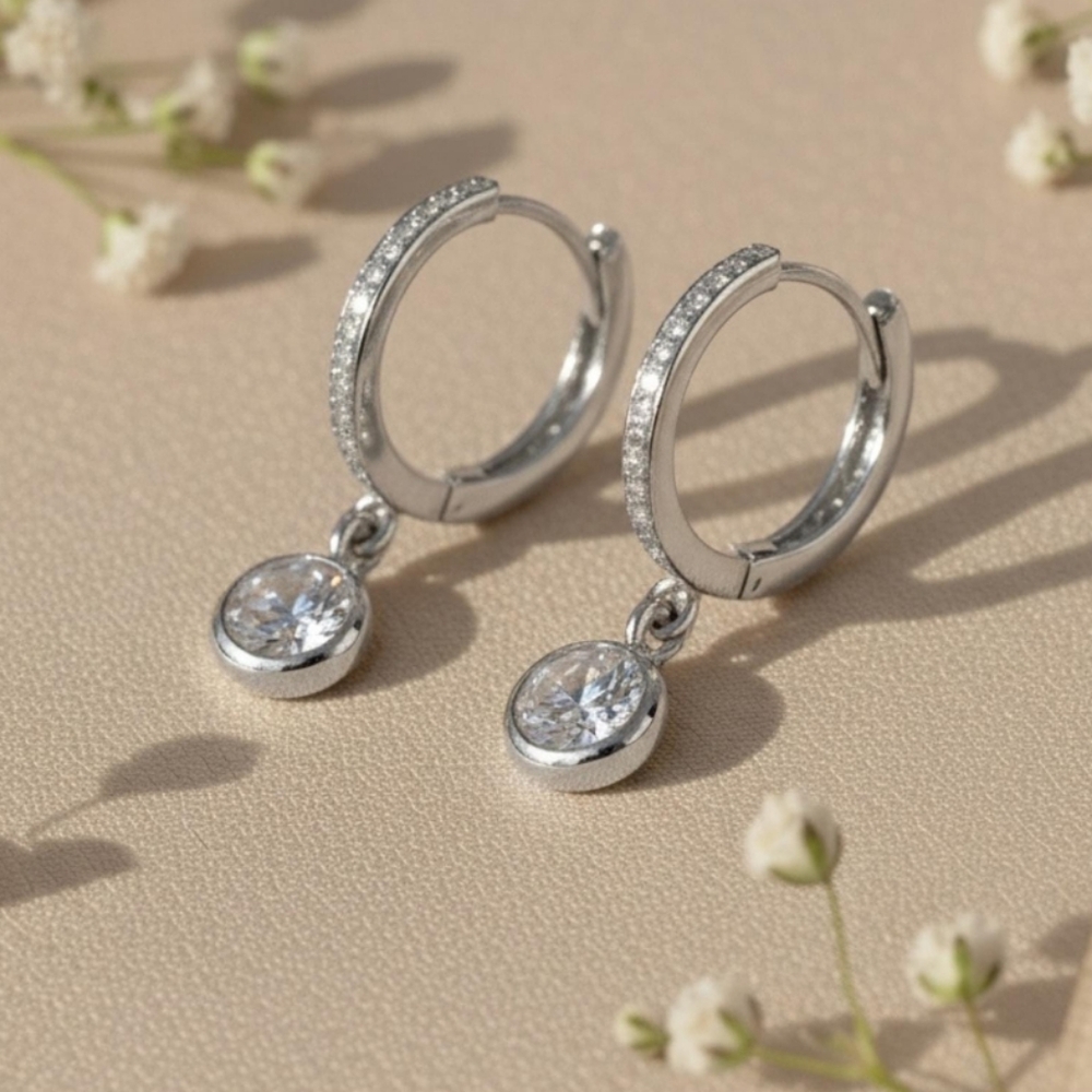 Huggie Hoop Drop Earrings - Silver